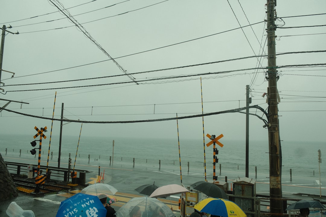 Rainy day near a coastline and train tracks.